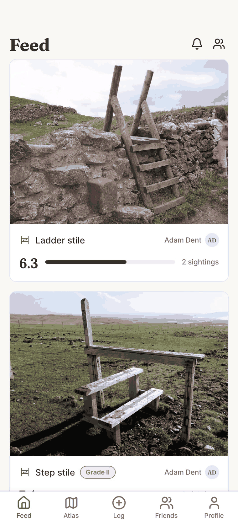 The Clamber feed: a ladder stile scoring 6.3 from two sightings, and a step stile carrying a Grade II badge.
