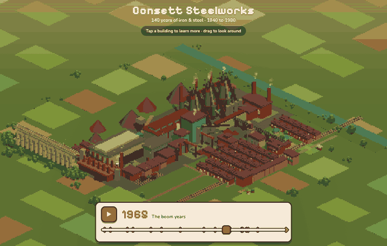 The voxel works at their 1965 peak: blast furnaces, cooling towers, smoke, and the town spread out to the east.