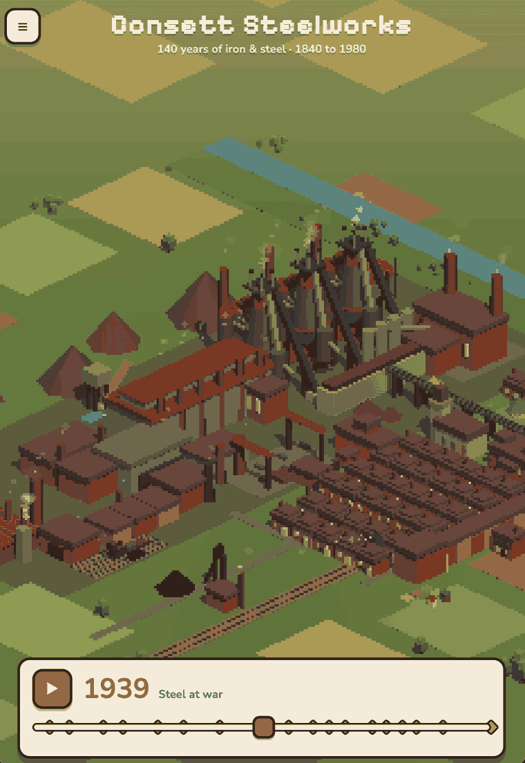The voxel map in 1939, mid-timeline, showing the works at full production with smoking chimneys and a busy rail yard.