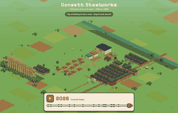 The same voxel landscape today: green reclaimed fields, houses and a supermarket where the works stood.